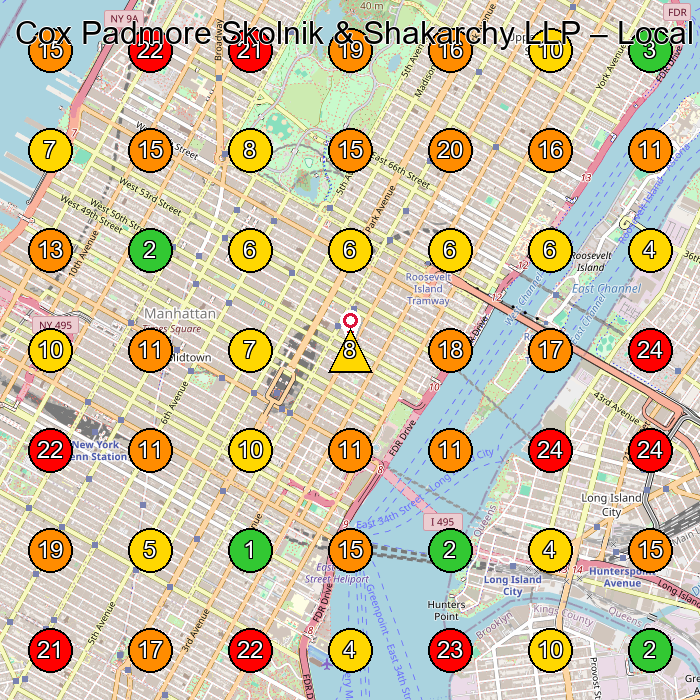 Cox Padmore Skolnik & Shakarchy LLP Law Firm GeoGrid ranking map for New York NY
